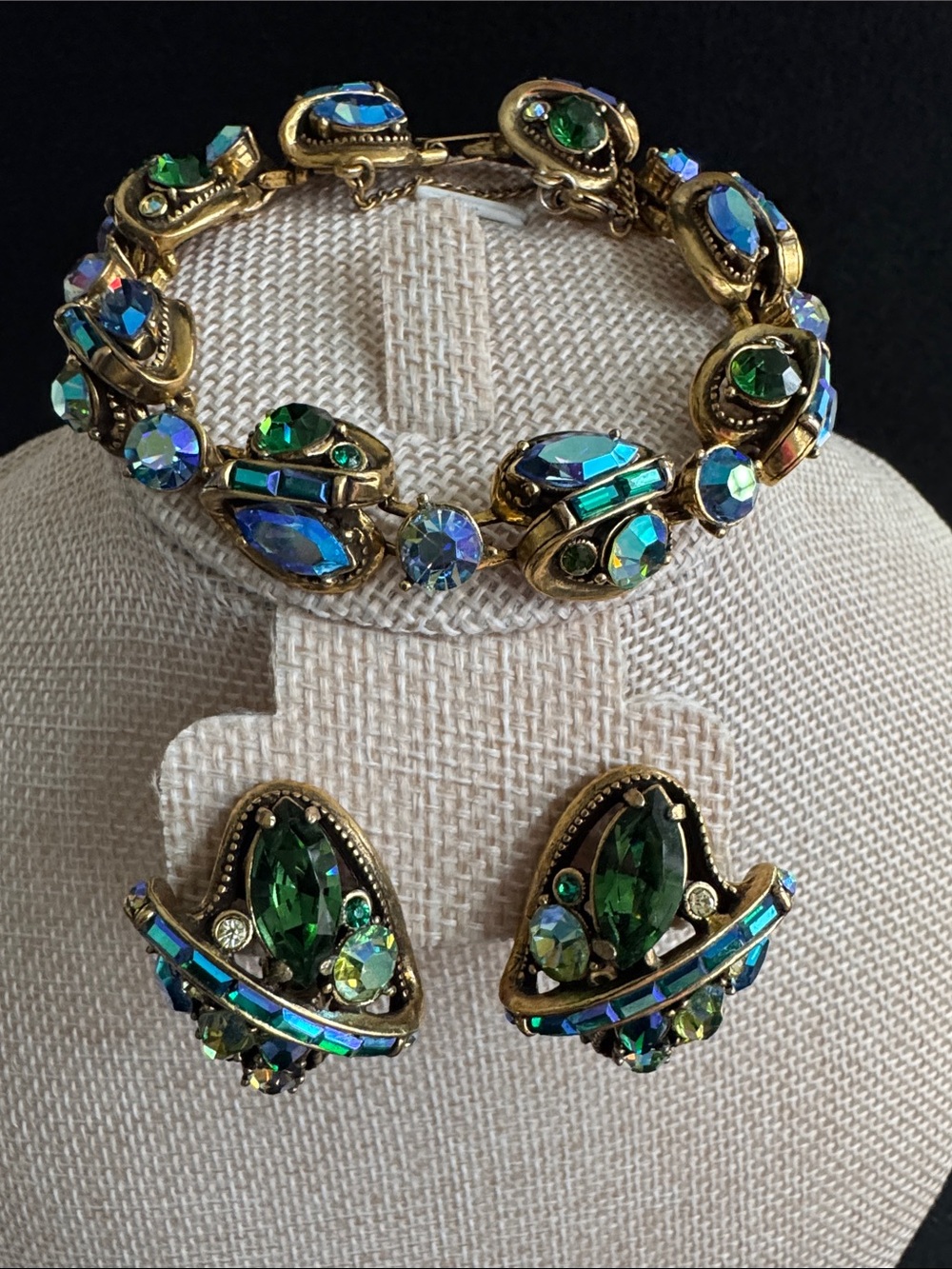 VTG Hollycraft Gold Tone Bracelet and Clip Earrings With Green & Blue AB Crystal